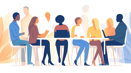 A diverse group of people sit around a table, talking to each other, and subtle outlines of other figures add depth to the scene. The illustration style uses simple shapes and flat colors to depict th