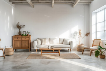 Minimalist modern home interiors with natural accents. Interior design living room composition.