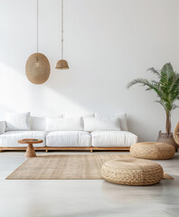 Minimalist modern home interiors with natural accents. Interior design living room composition.