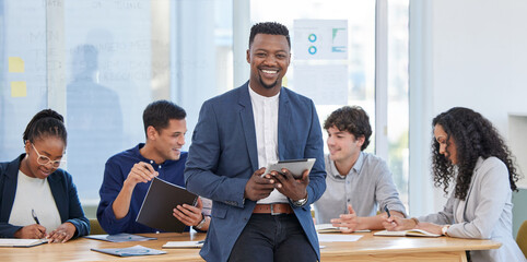 Black man, office and smile with tablet for research or teamwork and collaboration. Portrait, diversity and happy with people or employees for brainstorming, strategy and data analysis for project