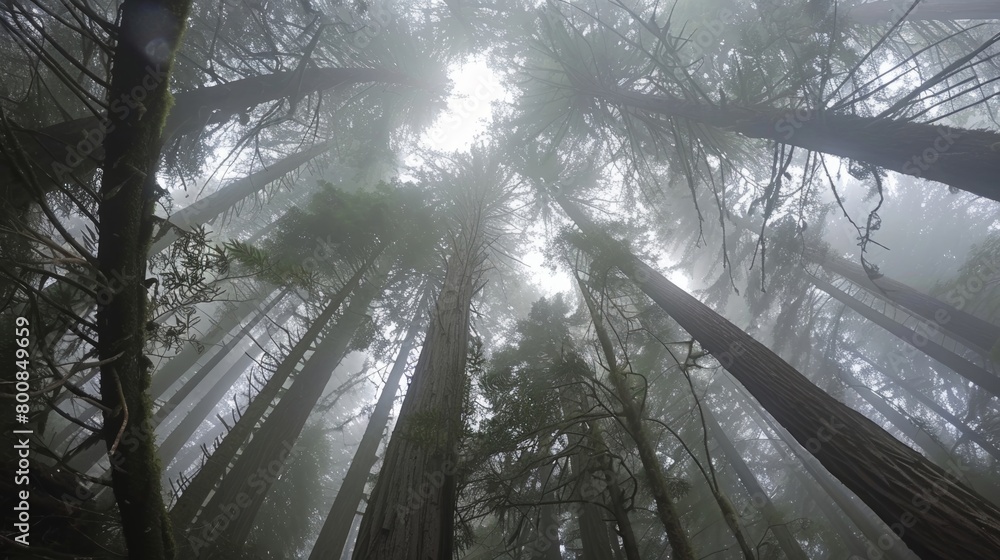 Poster a lush forest filled with numerous towering trees, creating a dense canopy overhead. sunlight filter