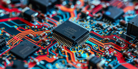 Micro Chip Processor With Wires Attached To It On The Background Of Microcircuits Created Using Artificial Intelligence