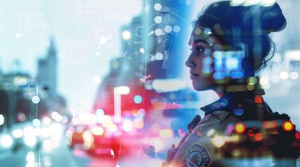 Policing and Police in society or community security for building trust as a blue law enforcement in social crowd as a policeman or policewoman as Crime Prevention symbol. Double exposure.