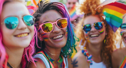 A group of young women with colorful hair and rainbow sunglasses smiling at the camera at an outdoor pride event