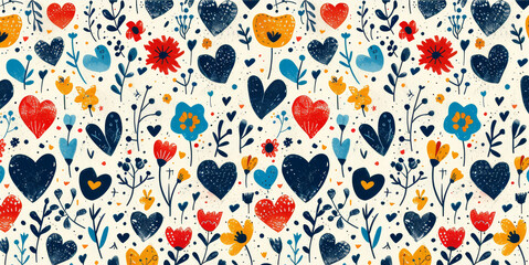   A white background adorned with a heart motif and an arrangement of blue, red, yellow, orange, and red blossoms