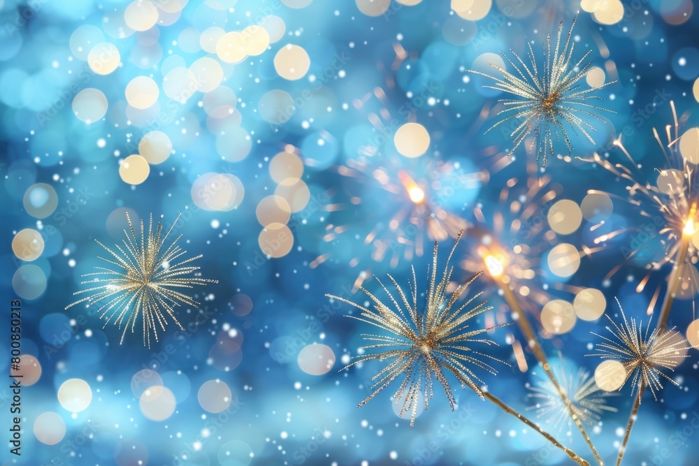 Poster new year background with fireworks on blue bokeh light. generate ai image