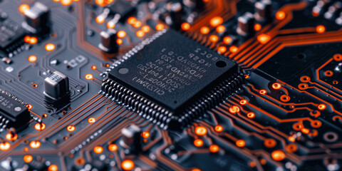Obraz premium Micro Chip Processor With Wires Attached To It On The Background Of Microcircuits Created Using Artificial Intelligence