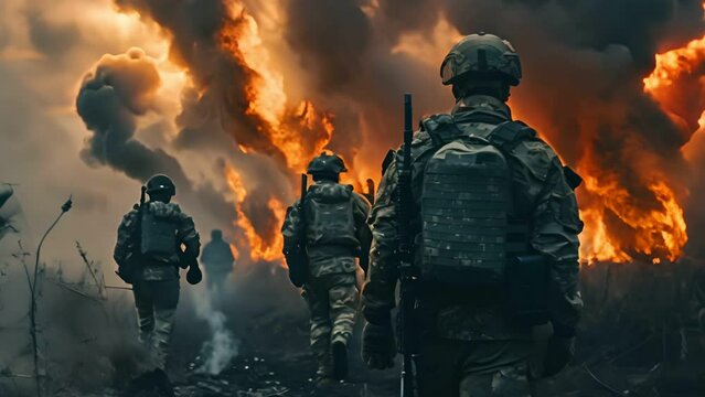 Elite special forces soldiers, back view in a hostile warzone environment