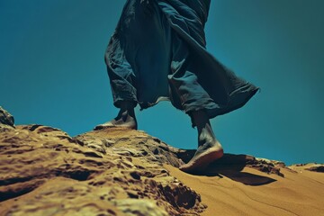 Tight low angle shot of a solitary Bedouins weathered feet ascending a windswept dune ridge against the seamless indigo panorama