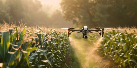 Naklejka premium drone spraying water for agriculture, flying over farm field.