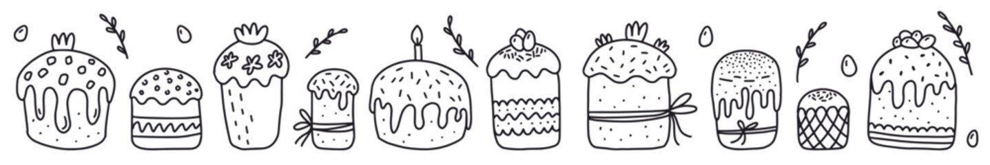 Vector horizontal pattern
of Easter cakes with icing decorated with confectionery sweets, hand-drawn in doodle style.