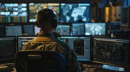 in the military control room A soldier sits with headphones on and looks at a laptop screen.