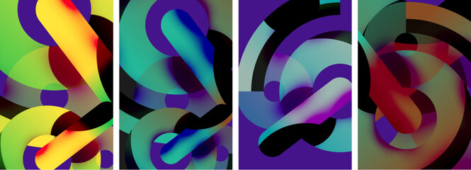 A vibrant collage of four abstract designs featuring shades of purple, magenta, and aqua. The textileinspired organisms are arranged in rectangles, resulting in a unique piece of art