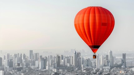   Hot air balloon drifting above metropolis, tall buildings and skyscrapers in backdrop