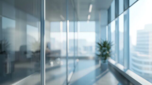 Amidst a blurred hyperrealistic office scene, windows softly blur the outside world, creating an ethereal backdrop of corporate tranquility