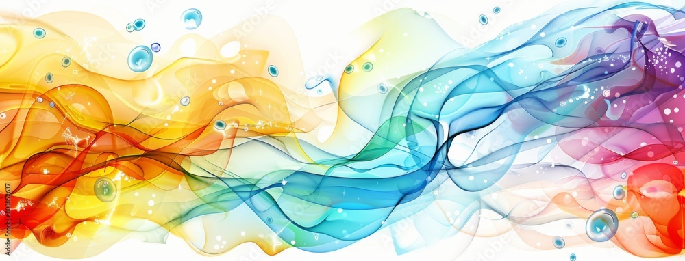 Poster abstract background with colorful waves and bubbles on white
