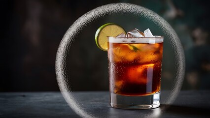 Glass of cold cuba libre cocktail on dark background
