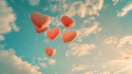 Fototapeta premium Heart-Shaped Balloons Adrift: Floating Heart-Shaped Balloons Against a Clear Sky, Representing Freedom and Love