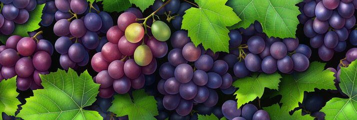 This image showcases a bountiful cluster of ripe grapes nestled among verdant green leaves,...