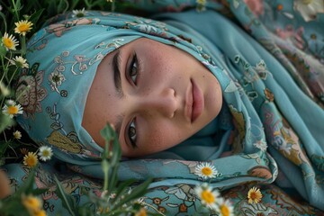 A Berber freshman lies utterly at peace amid the campus blossoms and greenery, her hijab catching the refracted shades of turquoise and azure - obrazy, fototapety, plakaty