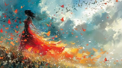   A woman in a red dress traverses a field, surrounded by fluttering butterflies
