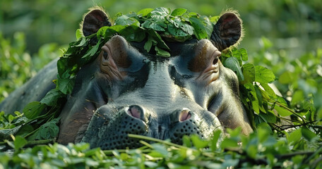 A hippopotamus is resting in the grass, its head covered with leaves and water plants