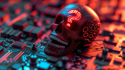 Cybernetic skull on a circuit board with neon red and blue highlights, representing digital danger.