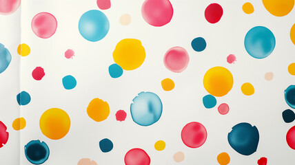 Abstract background of colorful paint splatters and circles on a white canvas.