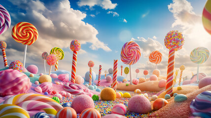 Fantastical candy landscape with an array of colorful sweets and lollipops under a bright sky.