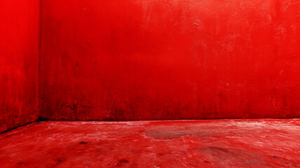 Intense red painted corner of a room with textured walls and floor, evoking a bold statement.