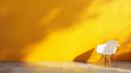 Modern white chair against a vibrant yellow wall with sunlight casting soft shadows.