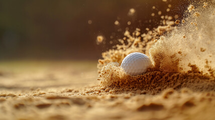 Golf ball making an impact in the sand trap, with sand particles flying around in motion.