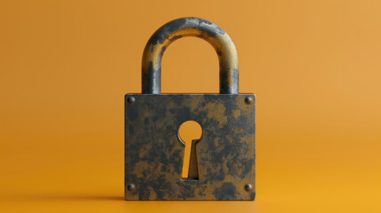 Aged metal padlock with a robust, textured surface against a vivid orange background, emphasizing security and strength.