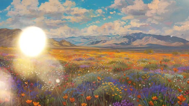 super bloom desert wildflowers landscape panorama. seamless looping overlay 4k virtual video animation background