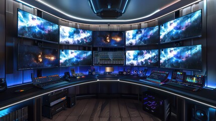 Craft an intricate vision of a futuristic, hi-tech video editing studio, embodying sophistication and efficiency in its sleek design