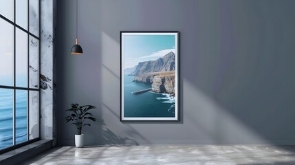 Trendy Mockup Poster Frame Showcasing Stunning Travel Photography in a Modern Interior Generative ai