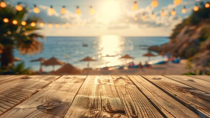 A deserted wooden table with a blurred beach party in the background, capturing the essence of laid-back seaside gatherings. 