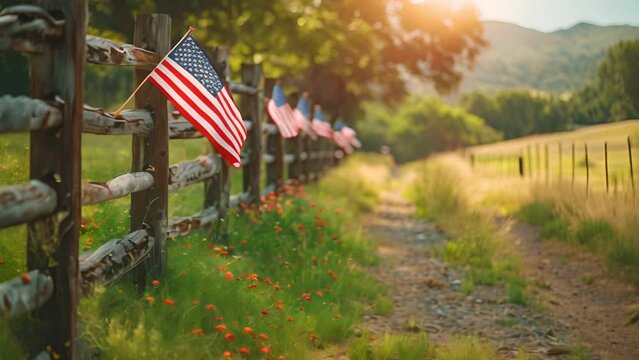 Rows of American flags on an old wooden fence, embodying the rustic charm of Independence Day celebrations