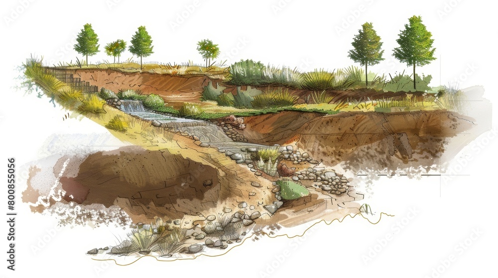 Poster an illustrated timeline showcasing the progress of a landscape restoration project from initial plan