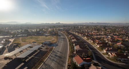 Daytime aerial view from hot air balloon of housing in Menifee southern California United States