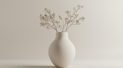 A ceramic vase with a minimalist design sits on a solid surface against a neutral background. The vase is empty except for a few small, delicate flowers.