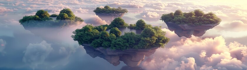 A collection of floating islands with lush vegetation. The islands are scattered in a sea of clouds and sunlight.