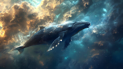 Fototapeta premium whale flying through space with nebula in background.