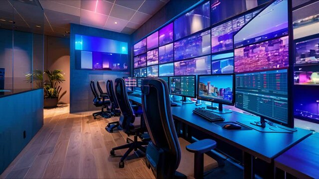 High efficiency workspace with seamless technological solutions, including smart desks and interactive walls