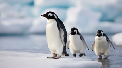 An adorable family of penguins waddle along the icy shores of Antarctica.