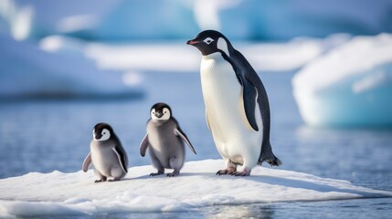 An adorable family of penguins waddle along the icy shores of Antarctica.