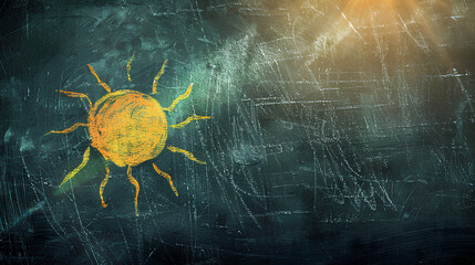 Chalk Sun Drawing, Warm and Radiant on Blackboard with Sun Flare