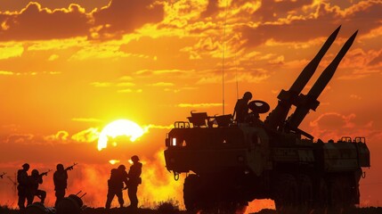 silhouette of soldiers and defense equipment in the sunset. on the battlefield ground war. - obrazy, fototapety, plakaty