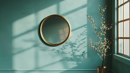 Minimalist wall painted teal with a single gold mirror