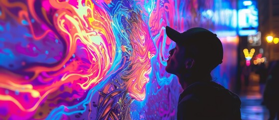 A young man wearing a black cap is looking at a colorful graffiti on the wall